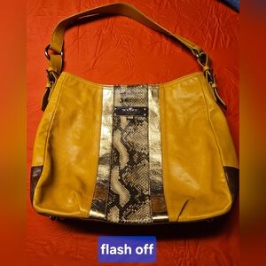 My Flat In London Mustard Snakeskin Gold & Brown w/Silver Hardware Hobo Bag EUC
